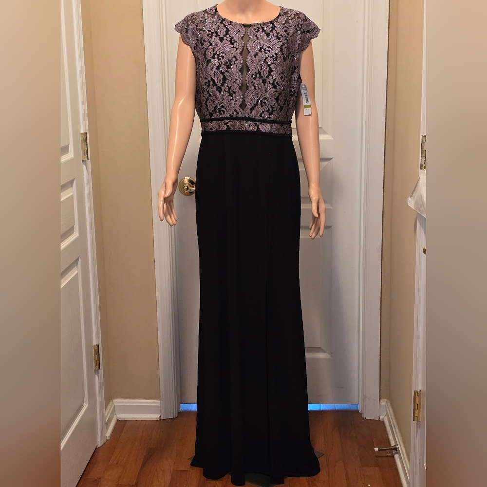 R&M Richards Elegant Black and Taupe Lace Maxi Dress